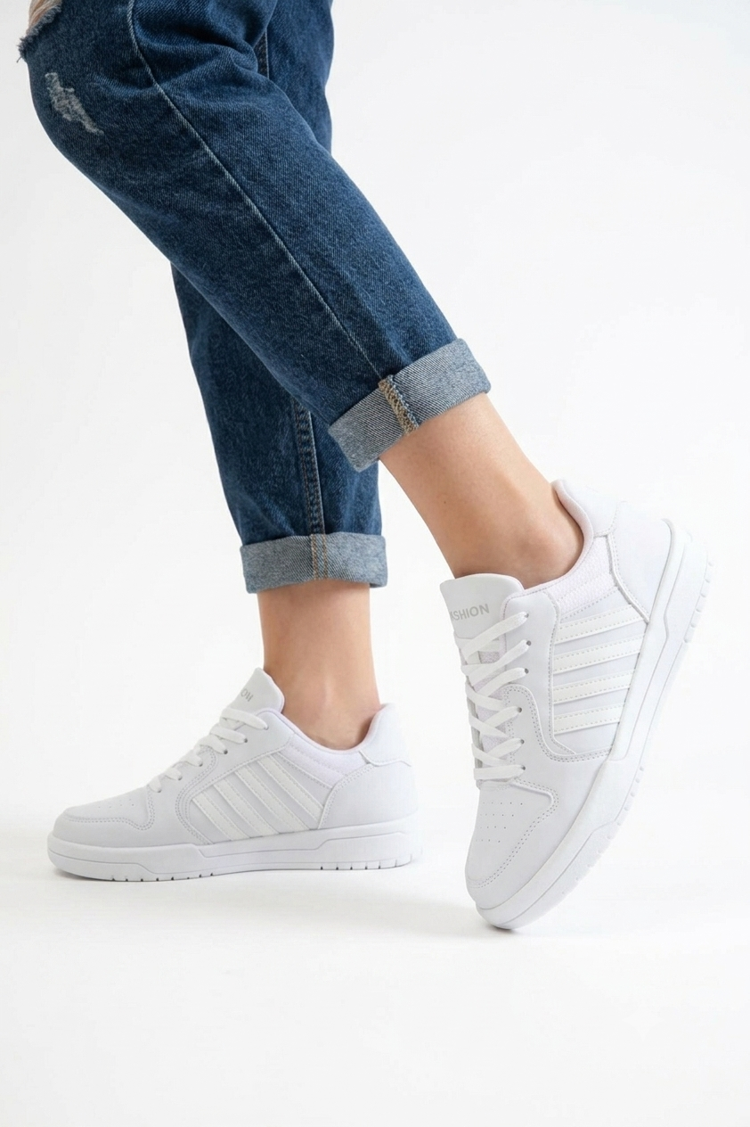 HMNT-2499 Premium Çizgili Beyaz Kadın Sneaker