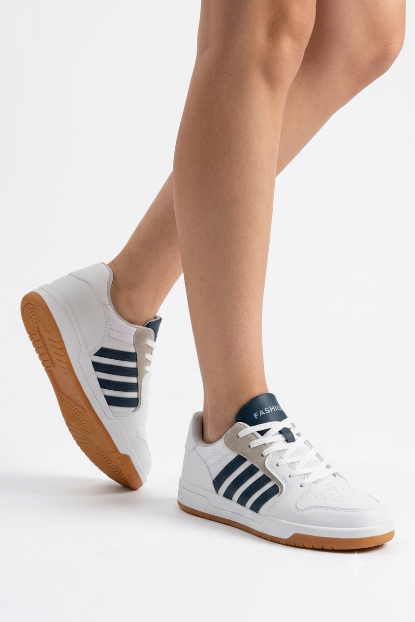 HMNT-2499 Premium Çizgili Beyaz Laci Kadın Sneaker