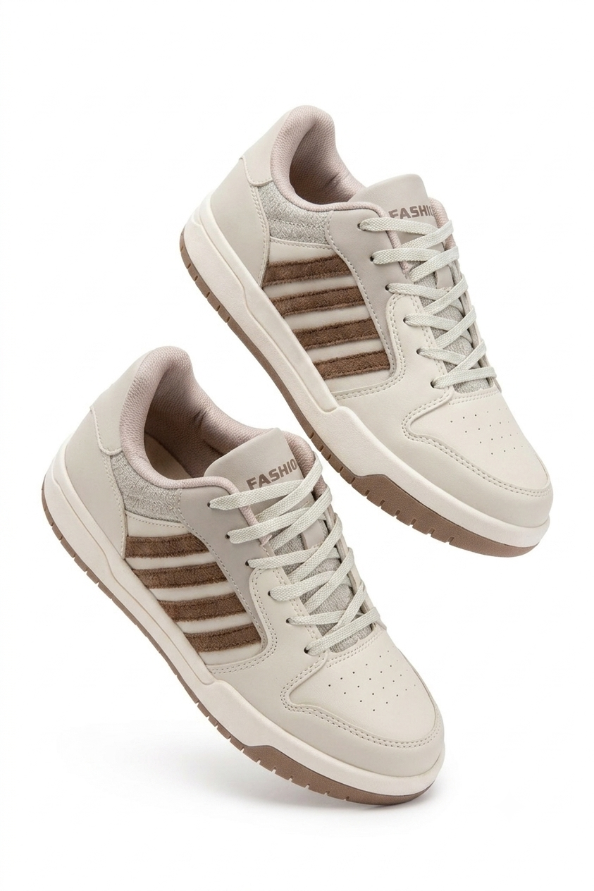 HMNT-2499 Premium Çizgili Bej Kadın Sneaker