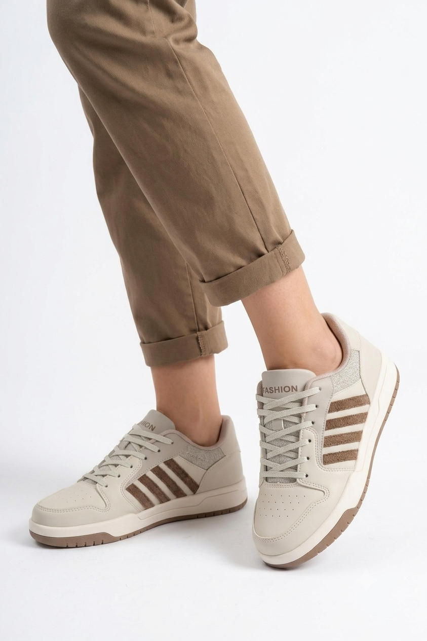HMNT-2499 Premium Çizgili Bej Kadın Sneaker