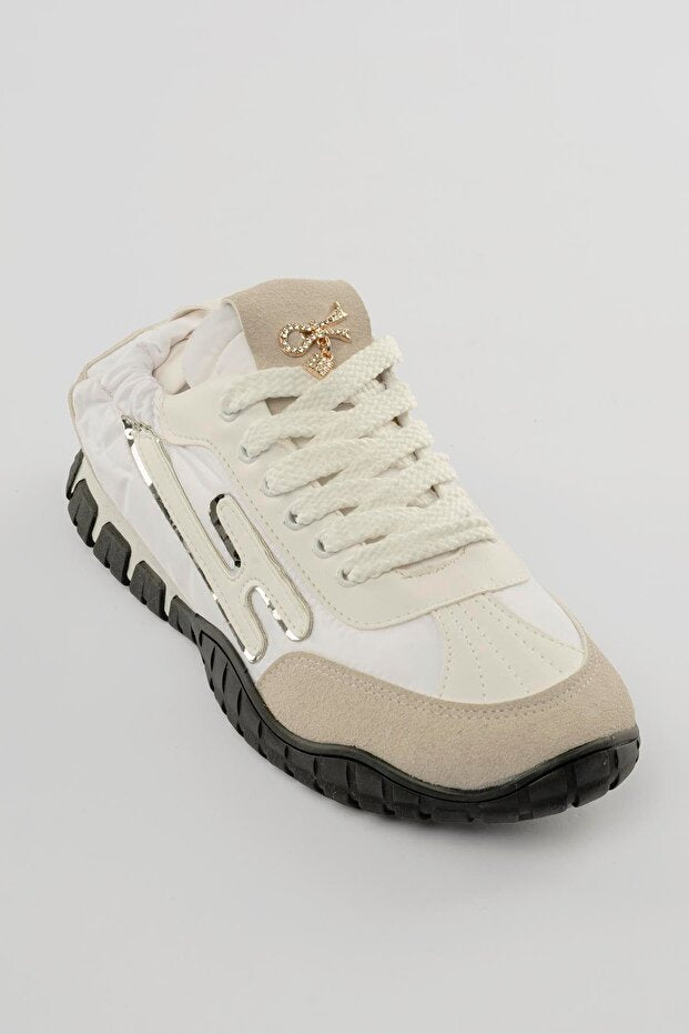 Zephy Premium Arkası Lastikli Beyaz Nubuk Paraşüt Bağcıklı Kadın Sneaker