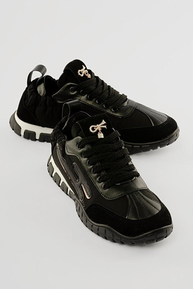 Zephy Premium Arkası Lastikli Siyah Nubuk Paraşüt Bağcıklı Kadın Sneaker