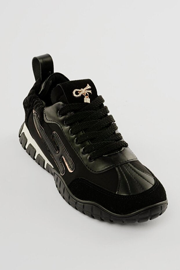 Zephy Premium Arkası Lastikli Siyah Nubuk Paraşüt Bağcıklı Kadın Sneaker