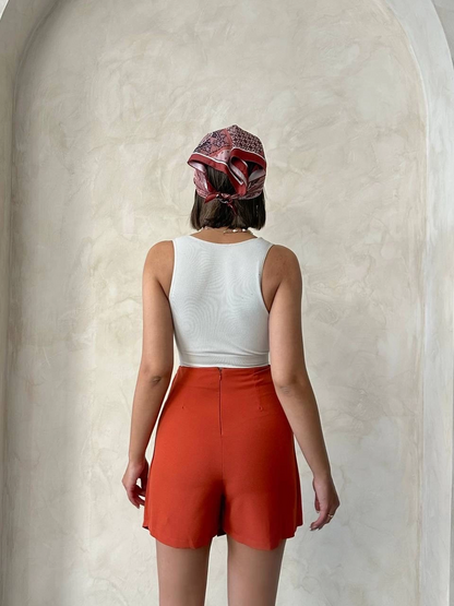 Two-Buttoned Flap Shorts Skirt in Brick
