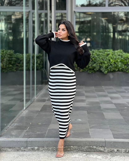 Two-Piece Knitted Dress Set Black and White