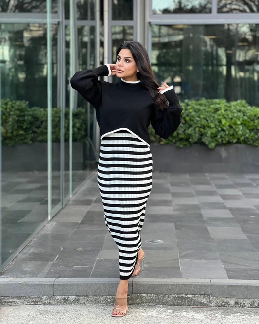 Two-Piece Knitted Dress Set Black and White