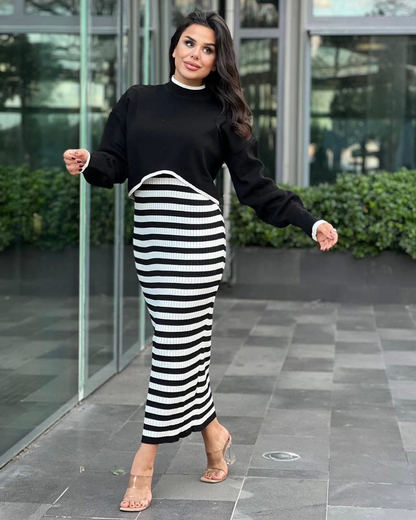 Two-Piece Knitted Dress Set Black and White