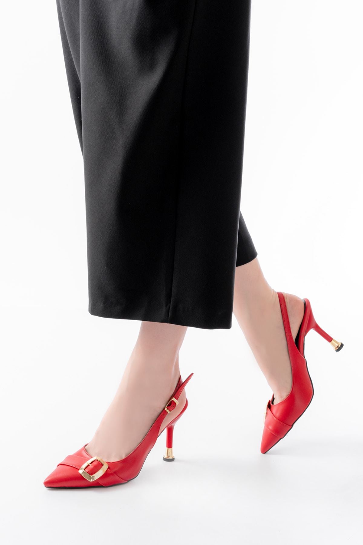 ZRİN-1151 Premium Red Daily Open-Back Heeled Shoes 11 cm