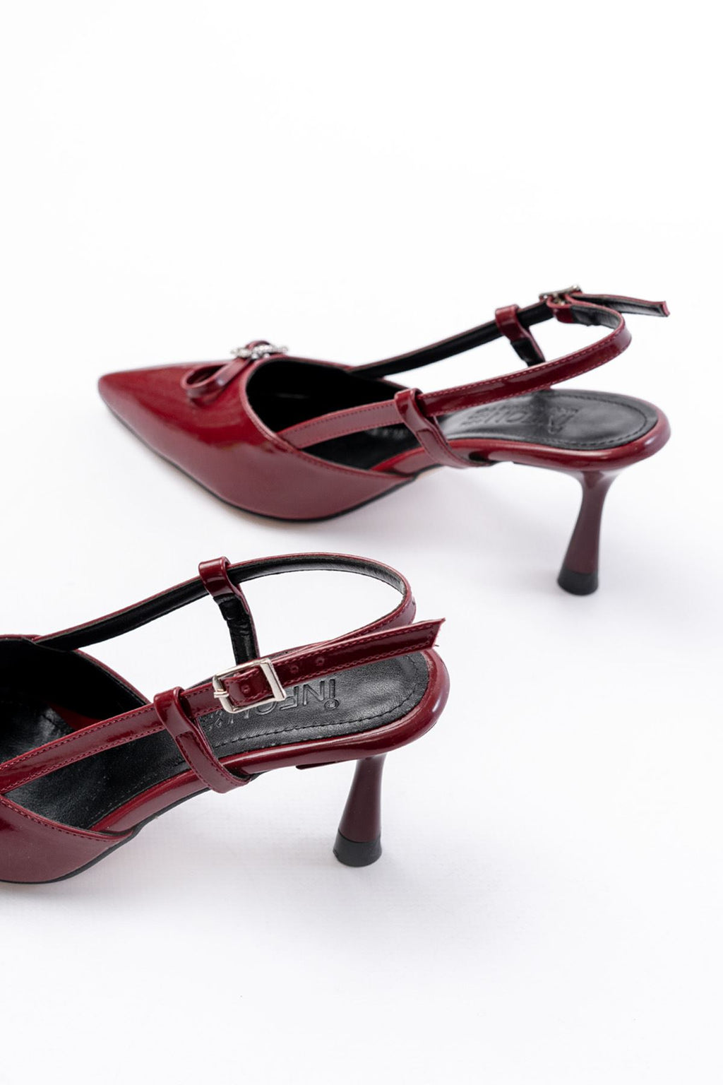 ZRİN-2300 Premium Bordo Rugan Günlük Arkası Açık Fiyonklu Topuklu Ayakkabı 9 cm