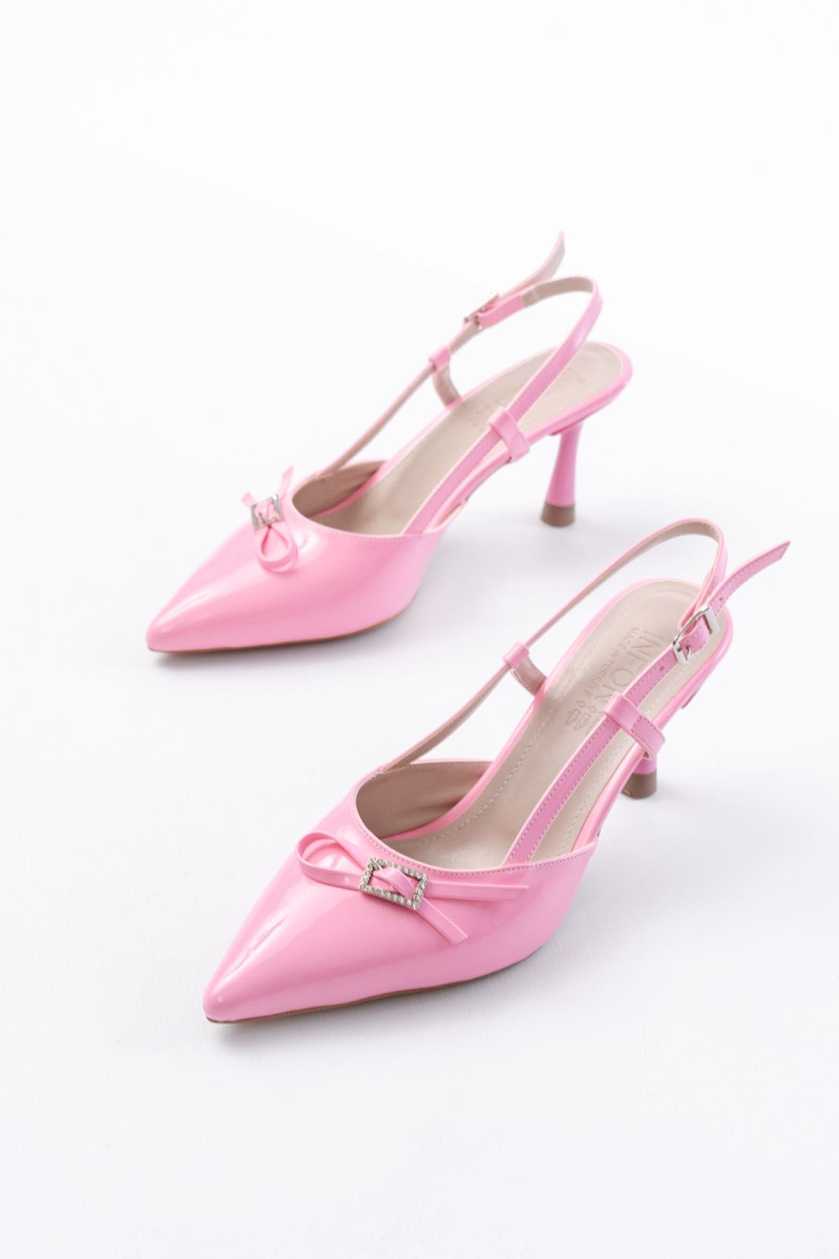 ZRİN-2300 Premium Pembe Rugan Günlük Arkası Açık Fiyonklu Topuklu Ayakkabı 9 cm