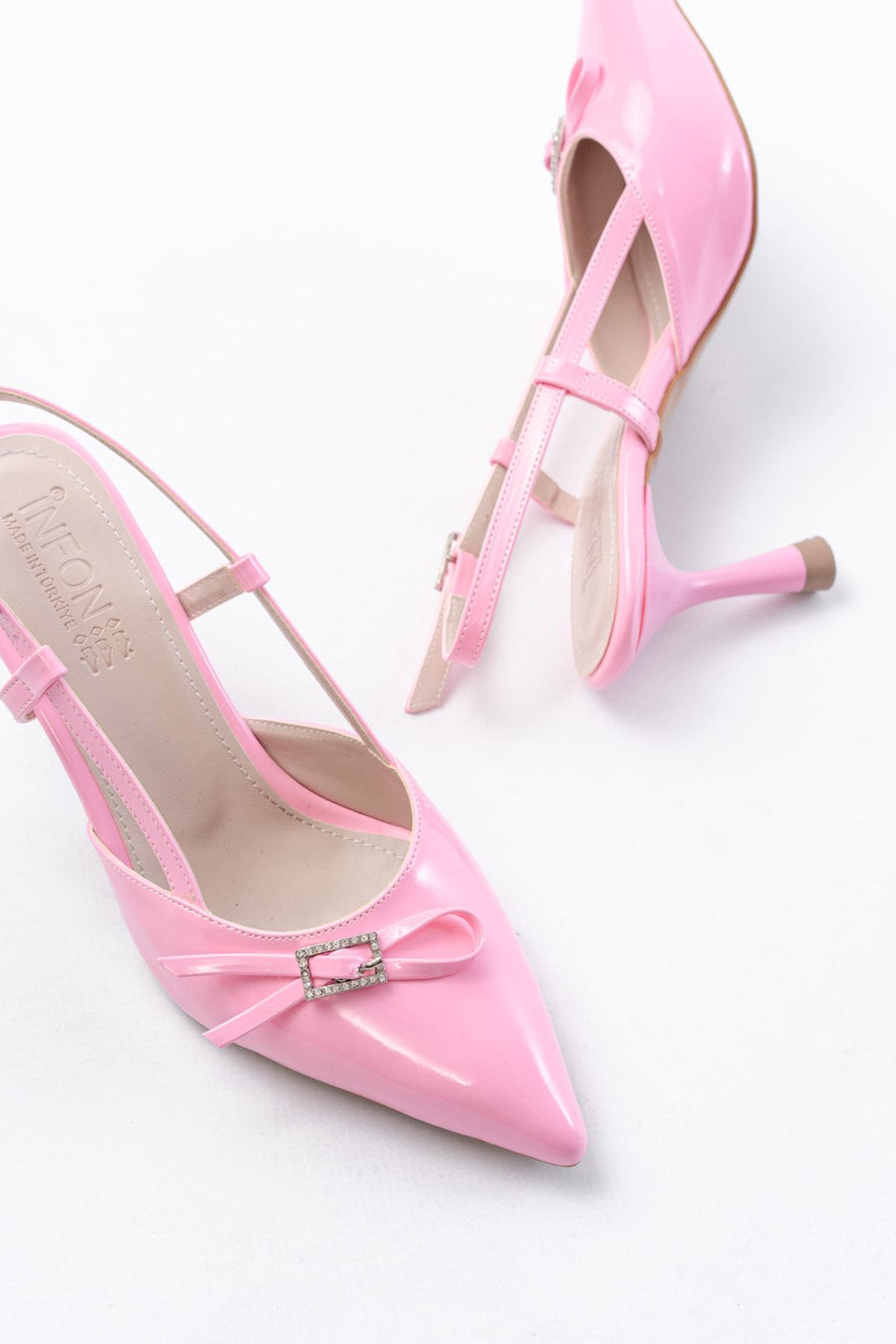 ZRİN-2300 Premium Pembe Rugan Günlük Arkası Açık Fiyonklu Topuklu Ayakkabı 9 cm