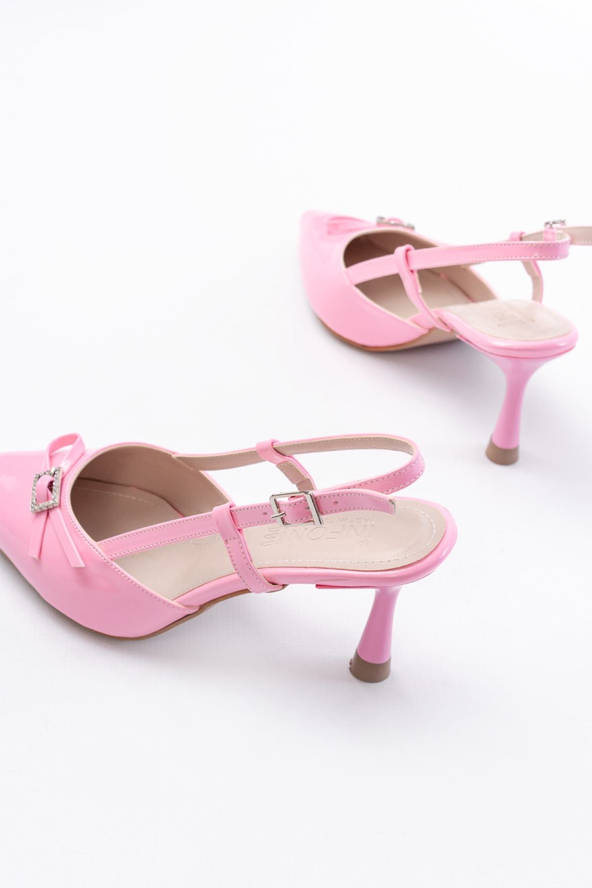 ZRİN-2300 Premium Pembe Rugan Günlük Arkası Açık Fiyonklu Topuklu Ayakkabı 9 cm