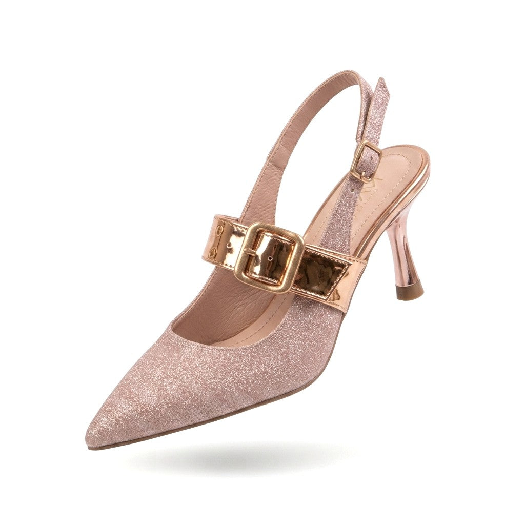 ZRİN-260 Premium Rose Simli Günlük Arkası Açık Baret Tokalı Topuklu Ayakkabı 9 cm