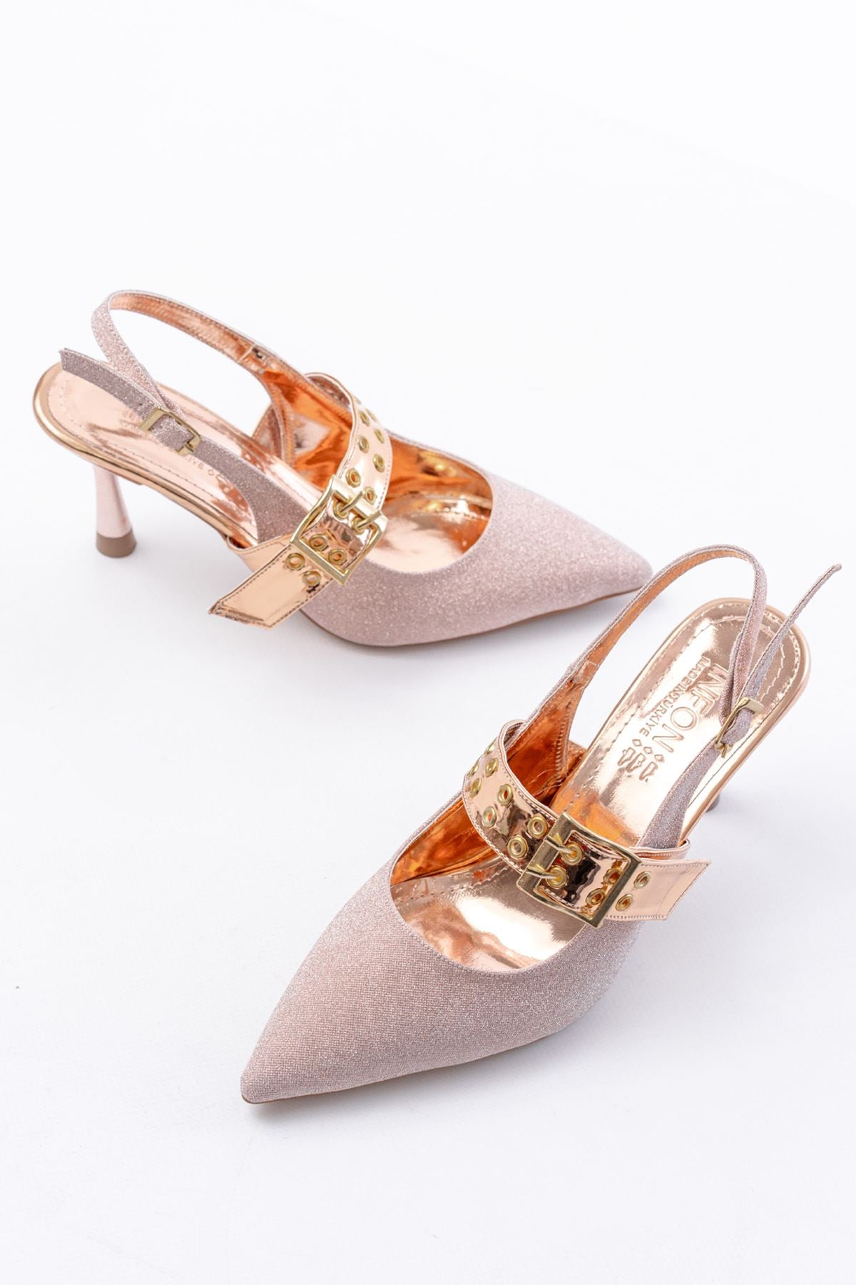 ZRİN-260 Premium Rose Simli Günlük Arkası Açık Baret Tokalı Topuklu Ayakkabı 9 cm