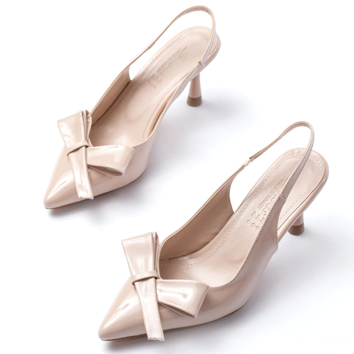 ZRIN-4501 Beige Patent Leather Open-Back Bow Heels 9 CM