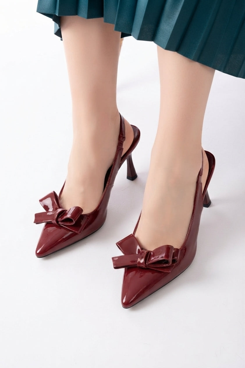 ZRİN-4501 Burgundy Patent Leather Open Back Bow Kitten Heel Shoes 9 CM