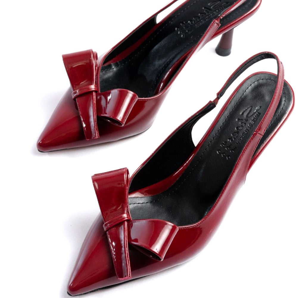 ZRİN-4501 Burgundy Patent Leather Open Back Bow Kitten Heel Shoes 9 CM