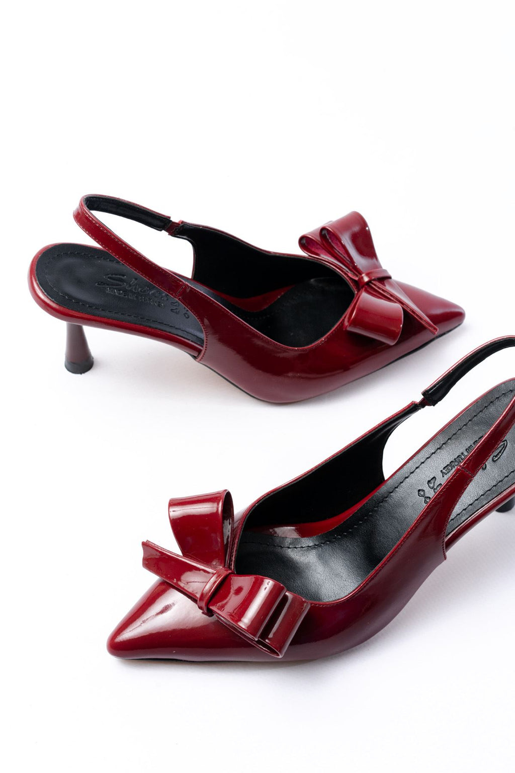 ZRİN-4501 Burgundy Patent Leather Open Back Bow Kitten Heel Shoes 9 CM