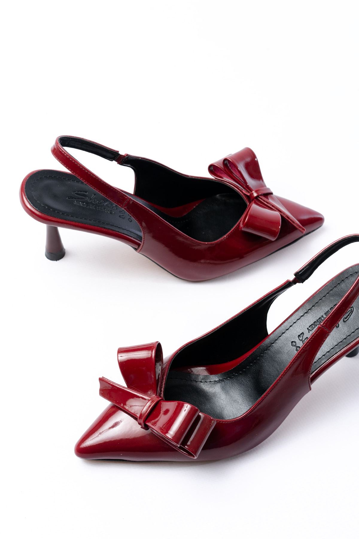 ZRİN-4501 Burgundy Patent Leather Open Back Bow Kitten Heel Shoes 9 CM