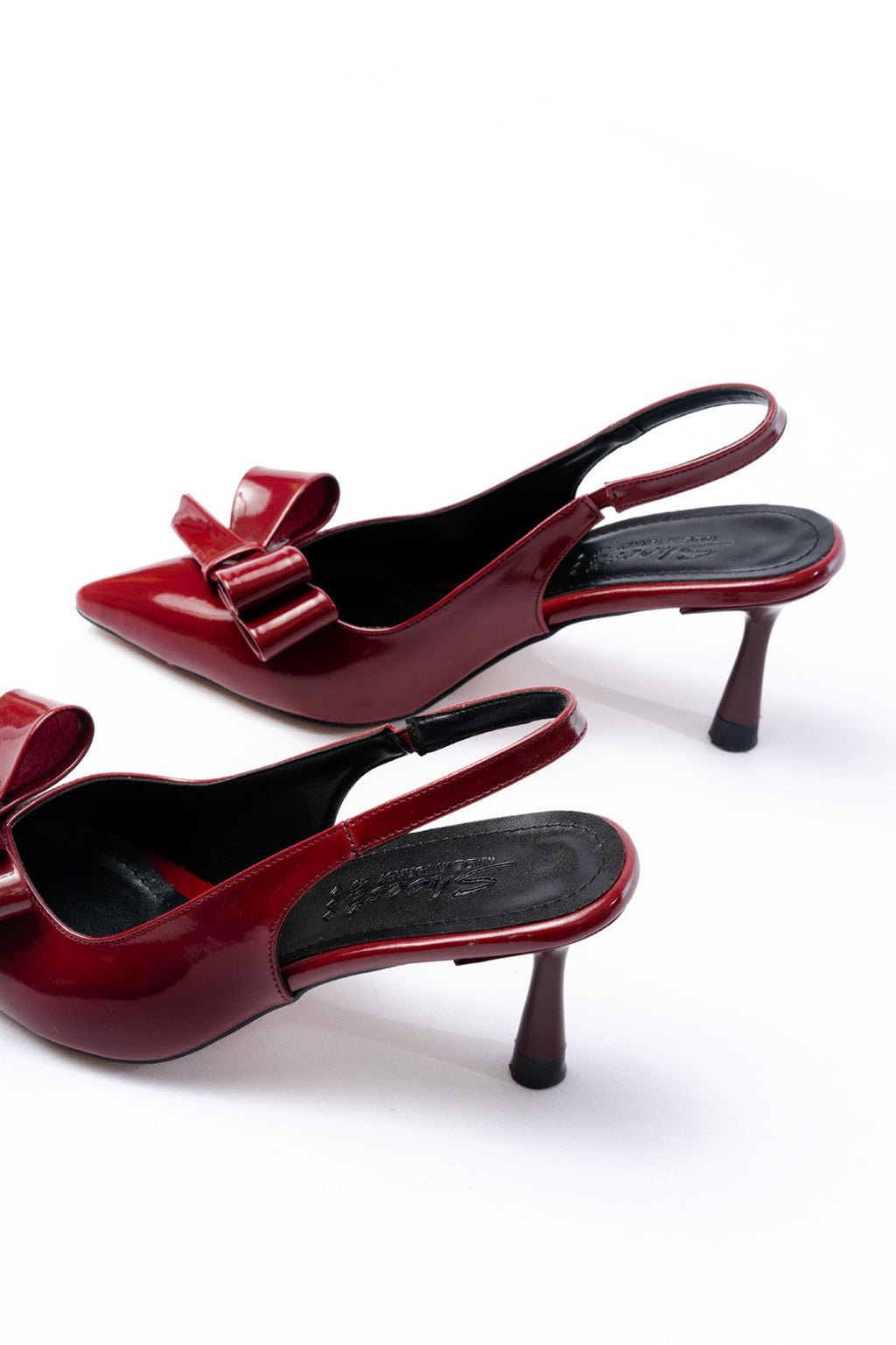 ZRİN-4501 Burgundy Patent Leather Open Back Bow Kitten Heel Shoes 9 CM