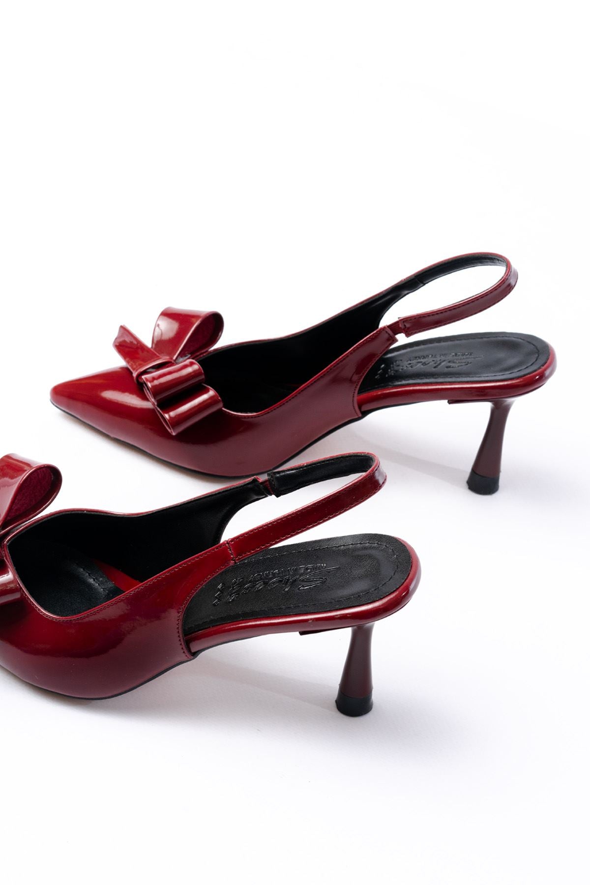 ZRİN-4501 Burgundy Patent Leather Open Back Bow Kitten Heel Shoes 9 CM