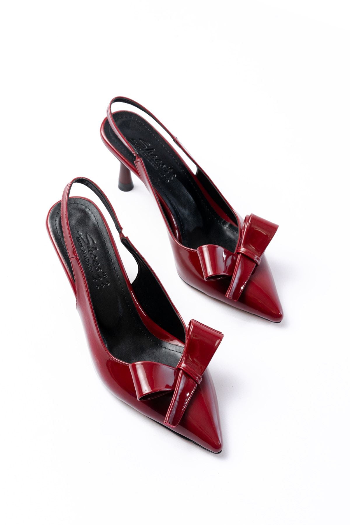 ZRİN-4501 Burgundy Patent Leather Open Back Bow Kitten Heel Shoes 9 CM