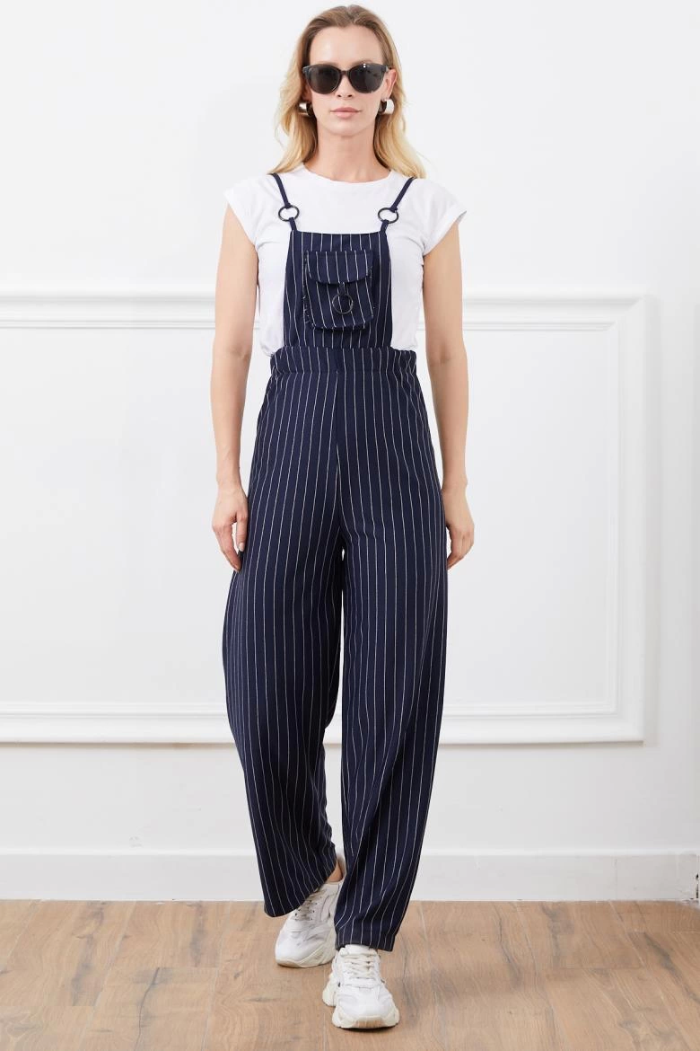 Elastic Waist Jumpsuit with Suspender Rope and Navy Blue