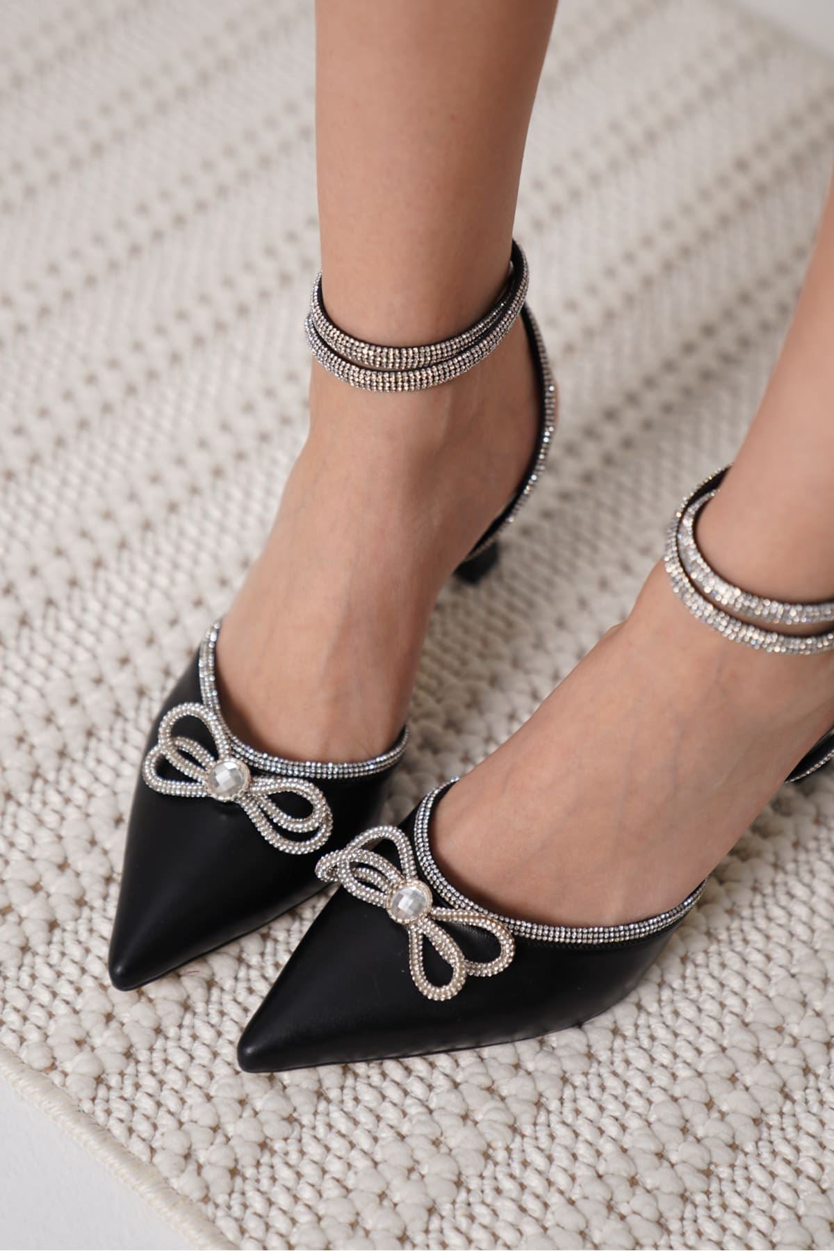 Zurich Premium Siyah Taşlı Topuklu Ayakkabı 8 cm