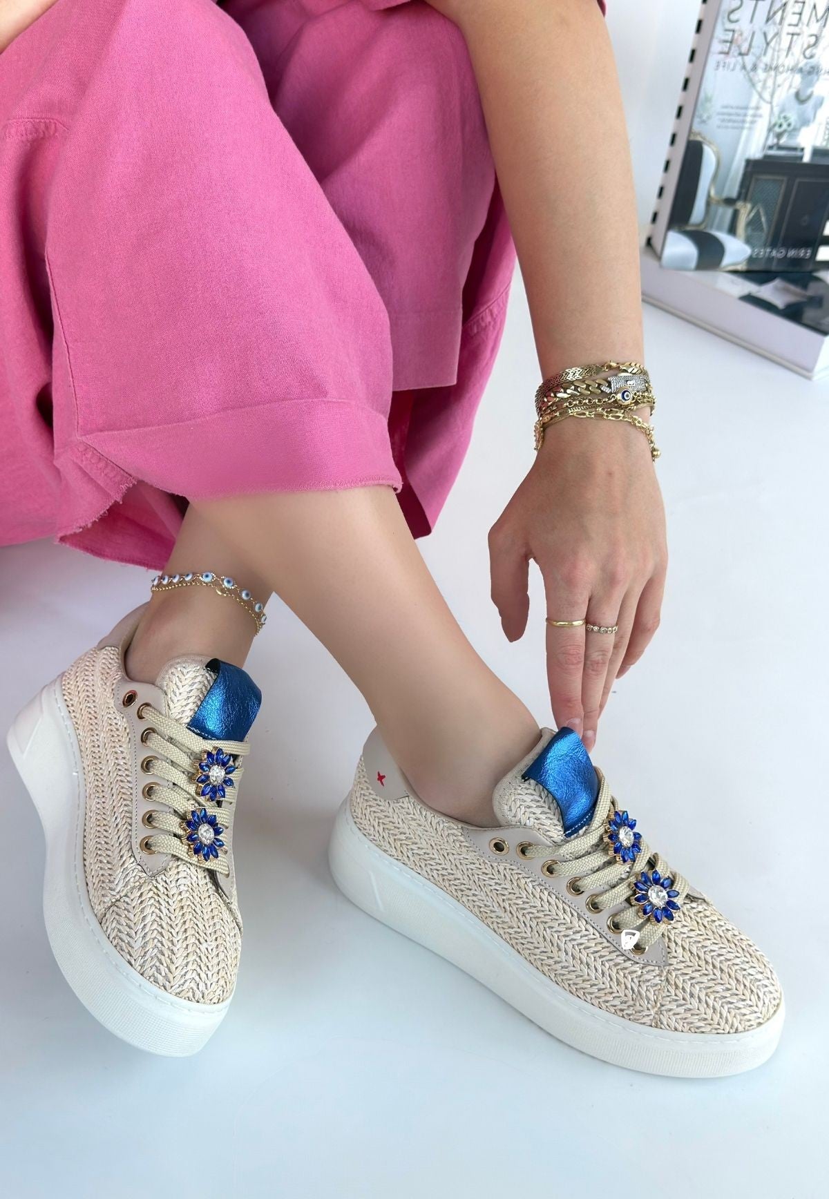 Lemda Premium Beige Straw Woven Lace-Up Sneakers
