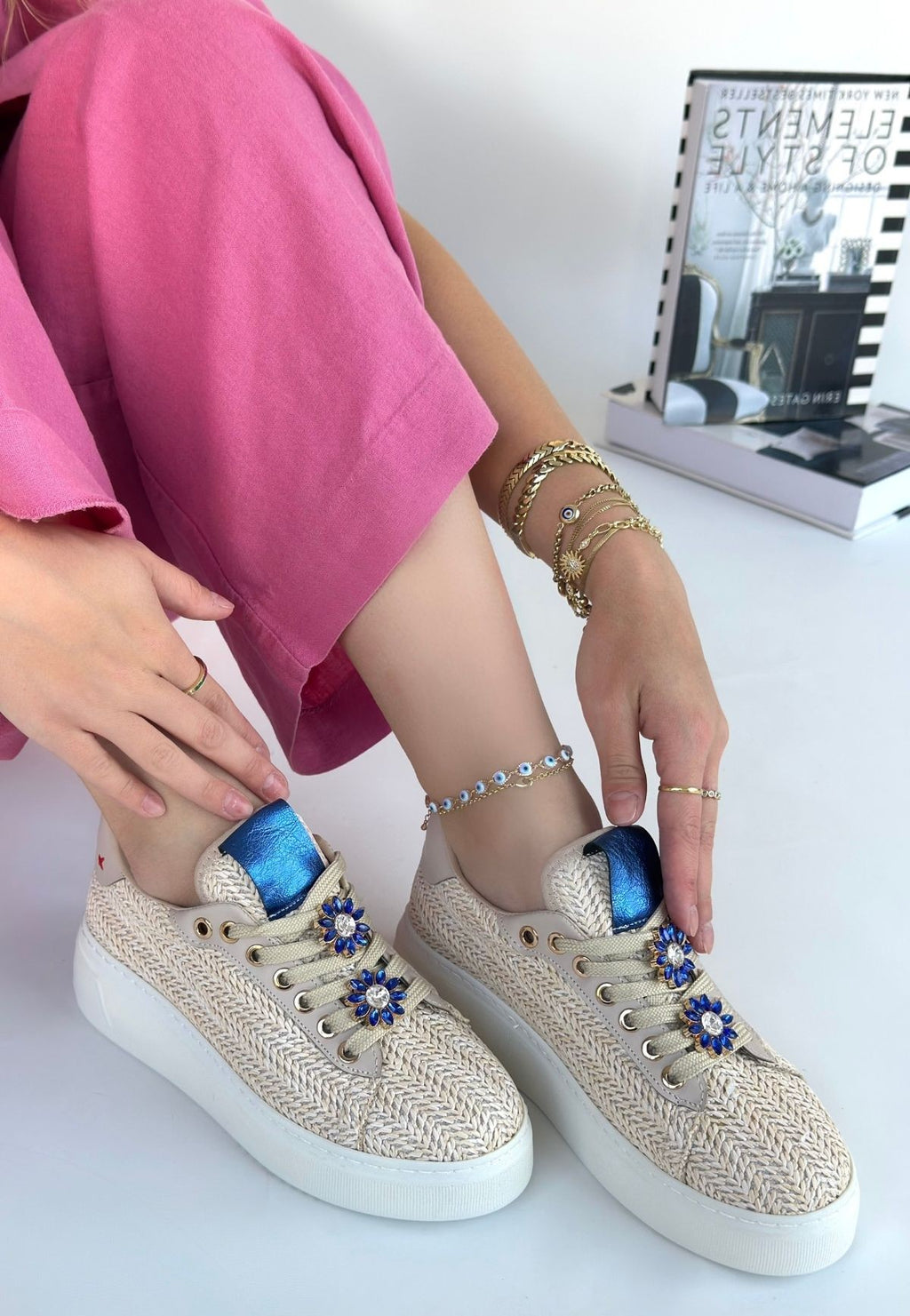 Lemda Premium Beige Straw Woven Lace-Up Sneakers