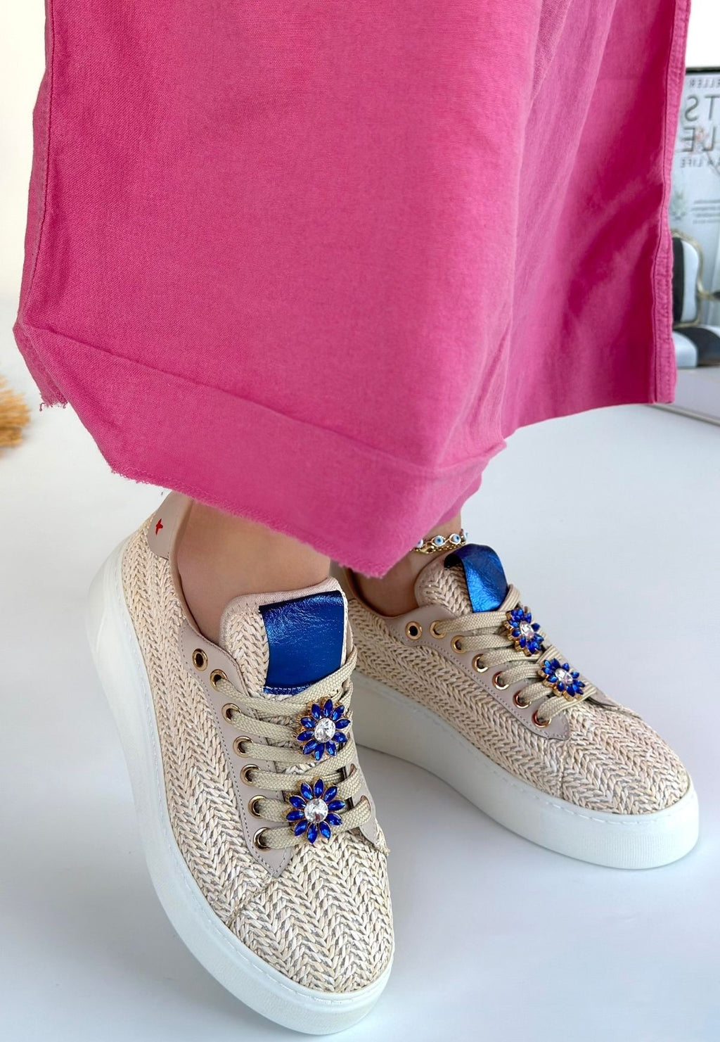 Lemda Premium Beige Straw Woven Lace-Up Sneakers