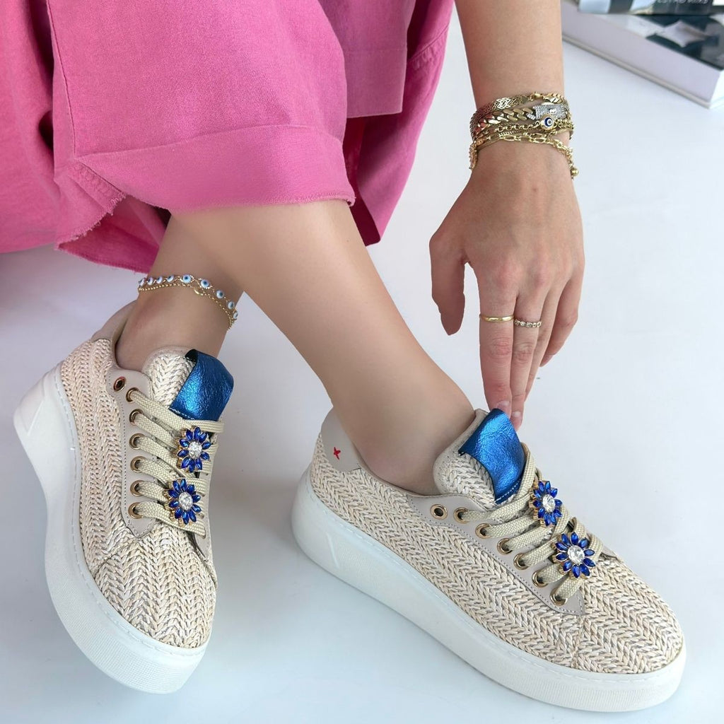 Lemda Premium Beige Straw Woven Lace-Up Sneakers