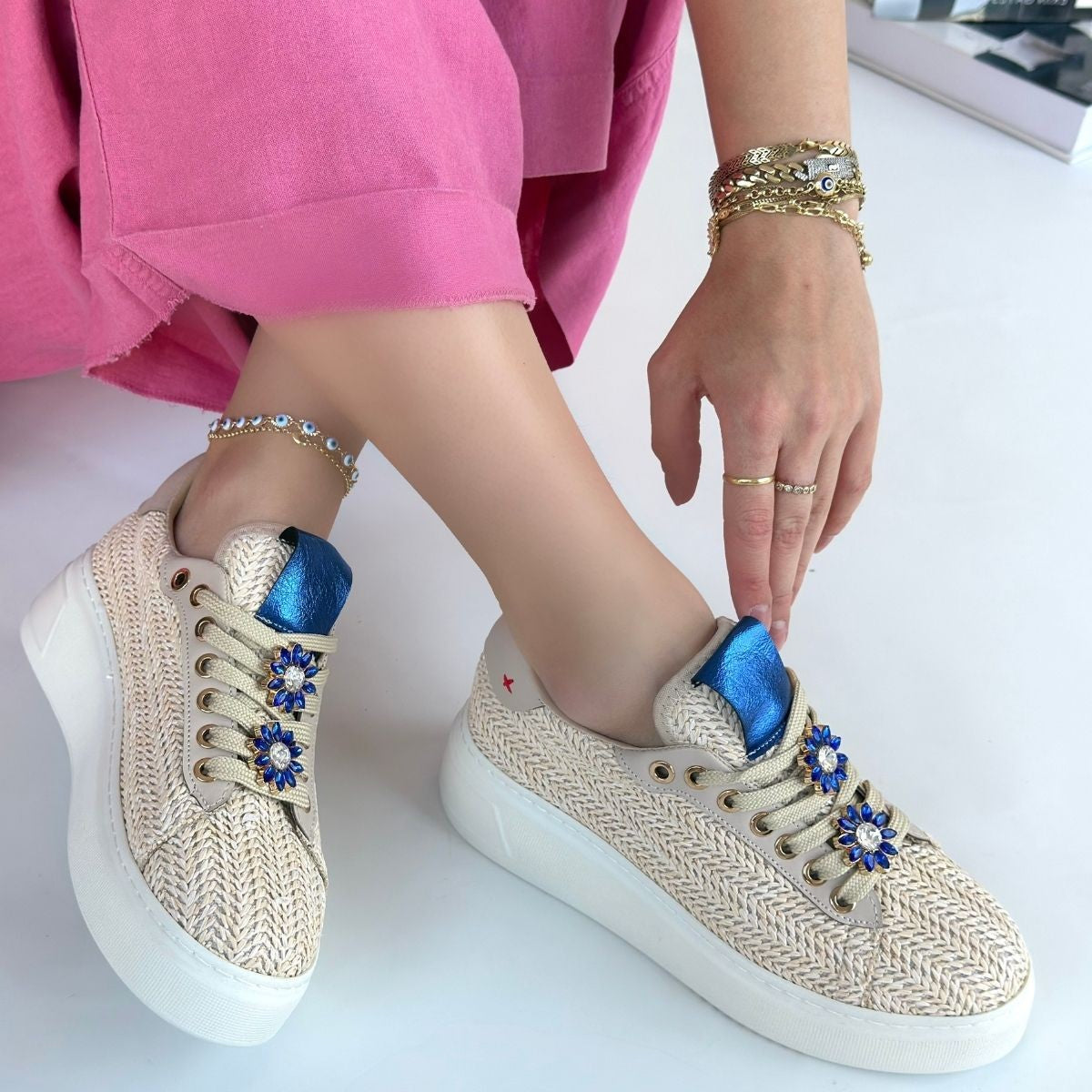 Lemda Premium Beige Straw Woven Lace-Up Sneakers
