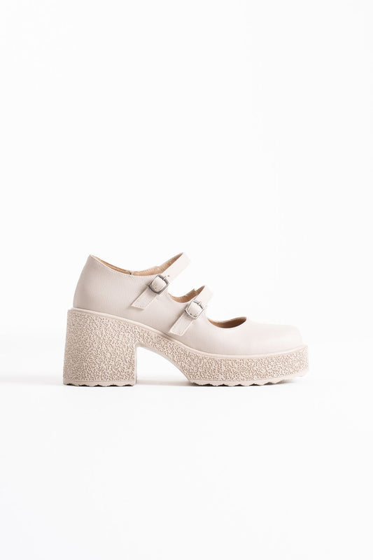 Jasmine Premium Women's Beige Casual Platform Heeled Double Buckle Loafer Shoes