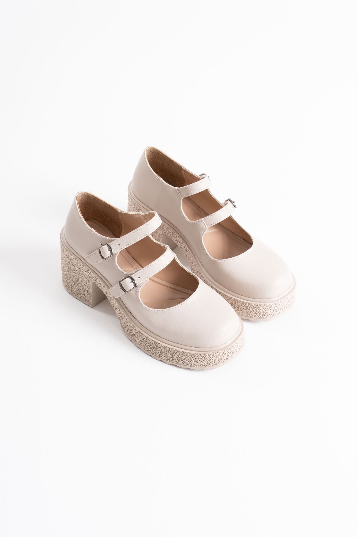 Jasmine Premium Women's Beige Casual Platform Heeled Double Buckle Loafer Shoes