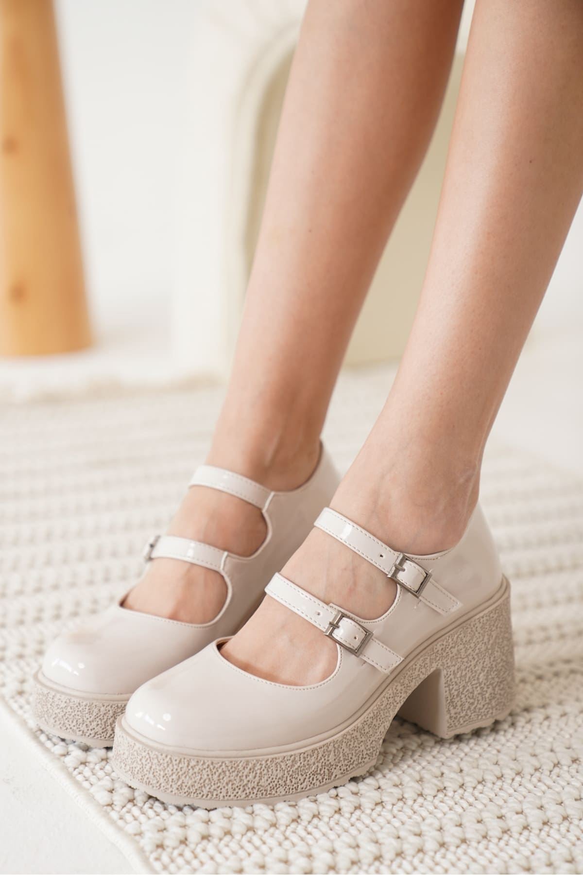 Jasmine Premium Kadın Bej Rugan Günlük Platform Topuklu Çift Baretli Loafer Ayakkabı