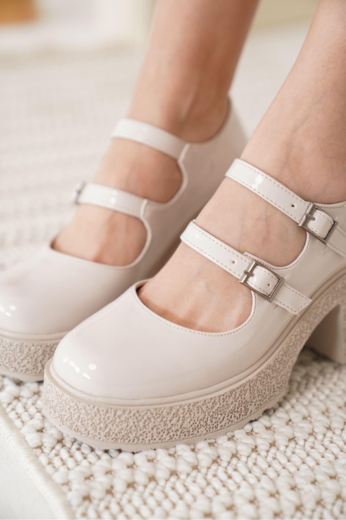 Jasmine Premium Kadın Bej Rugan Günlük Platform Topuklu Çift Baretli Loafer Ayakkabı