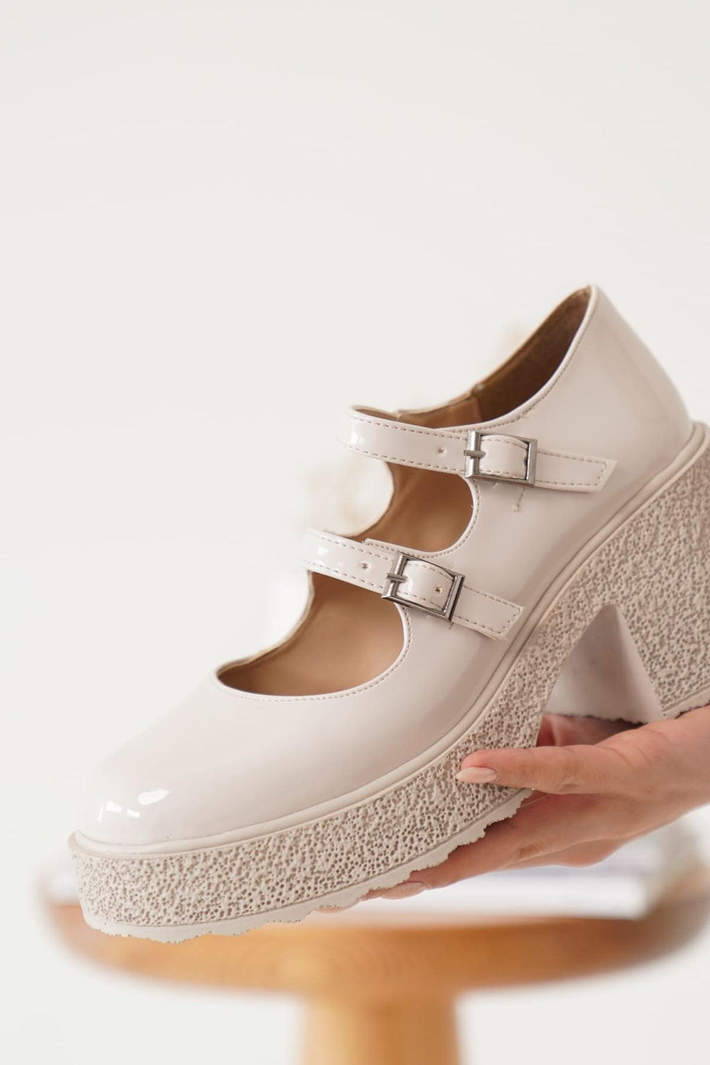 Jasmine Premium Bej Rugan Çift Baretli Platform Topuklu Loafer Ayakkabı