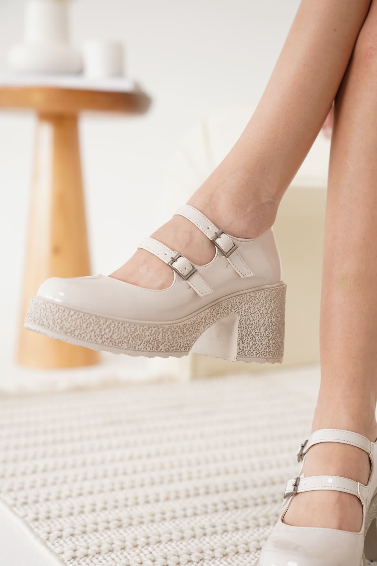 Jasmine Premium Bej Rugan Çift Baretli Platform Topuklu Loafer Ayakkabı