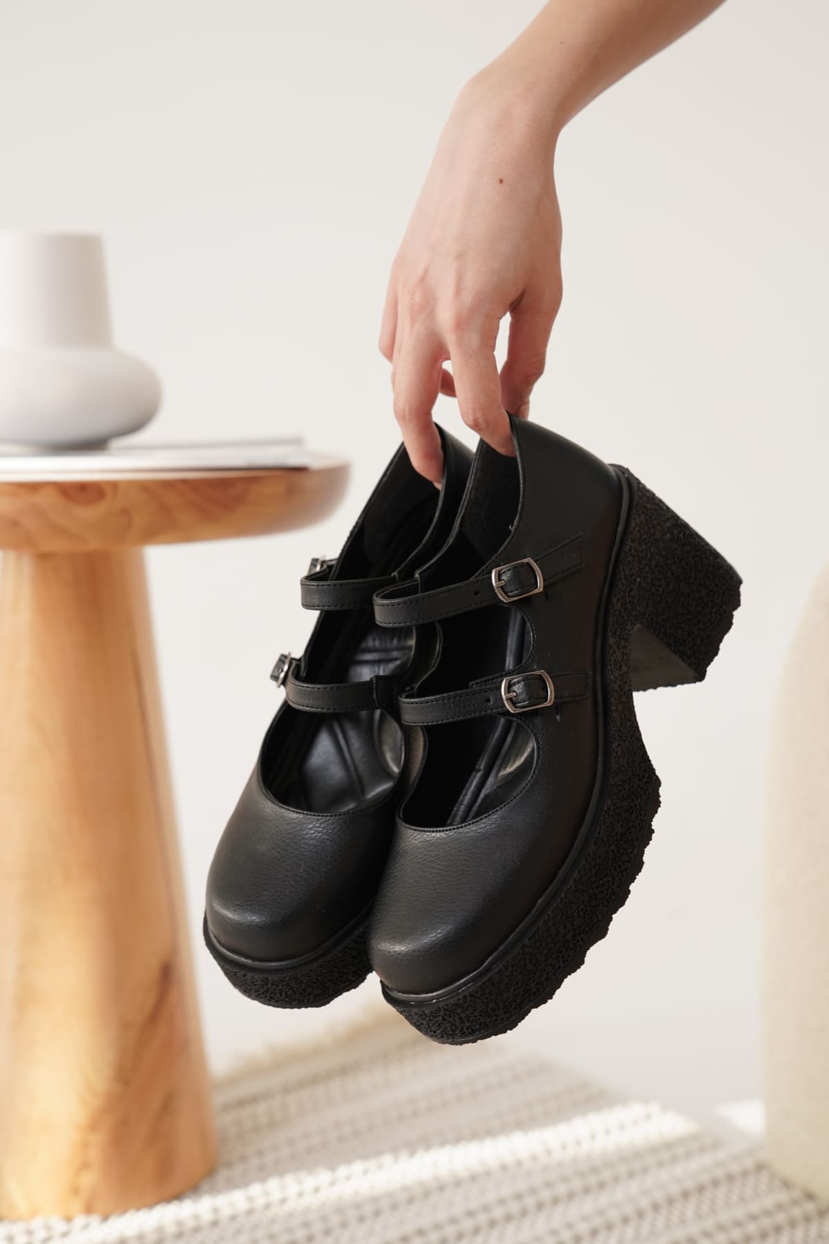 Jasmine Premium Siyah Çift Baretli Platform Topuklu Loafer Ayakkabı