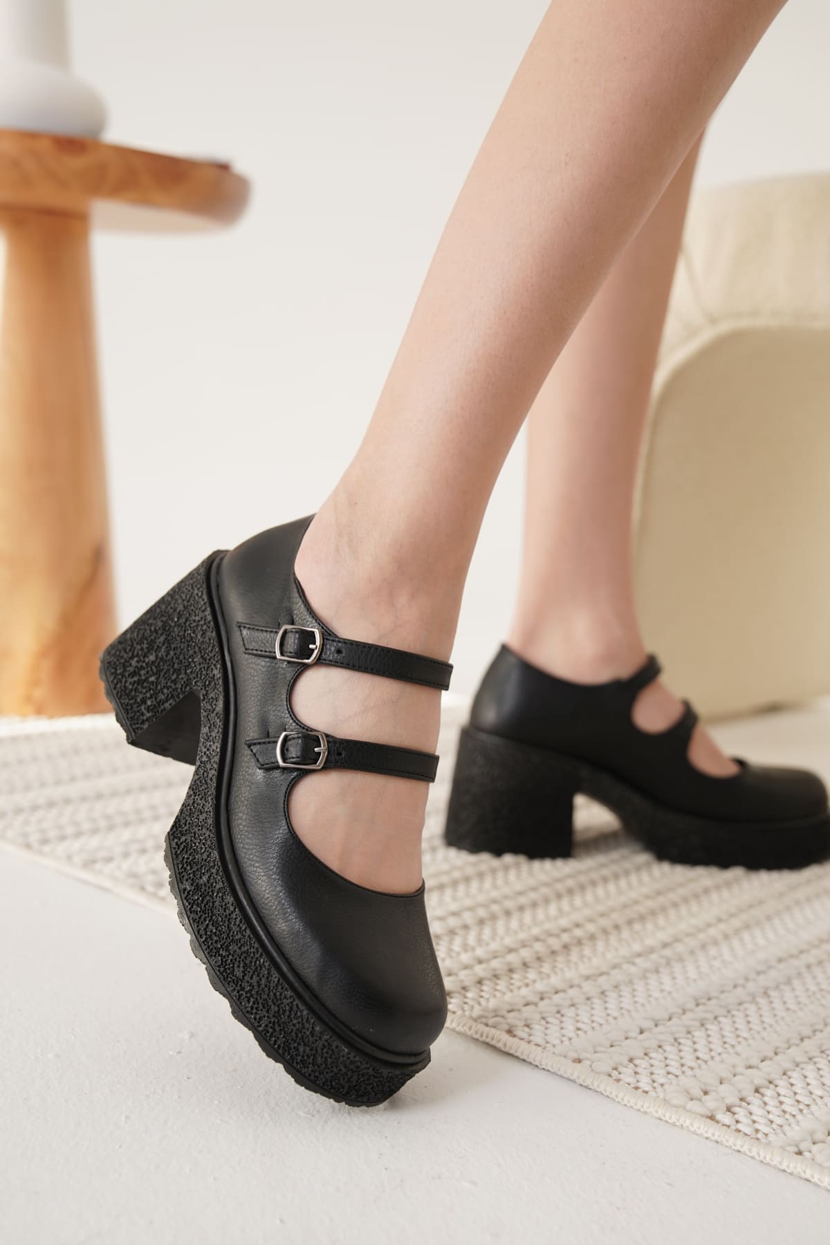 Jasmine Premium Siyah Çift Baretli Platform Topuklu Loafer Ayakkabı