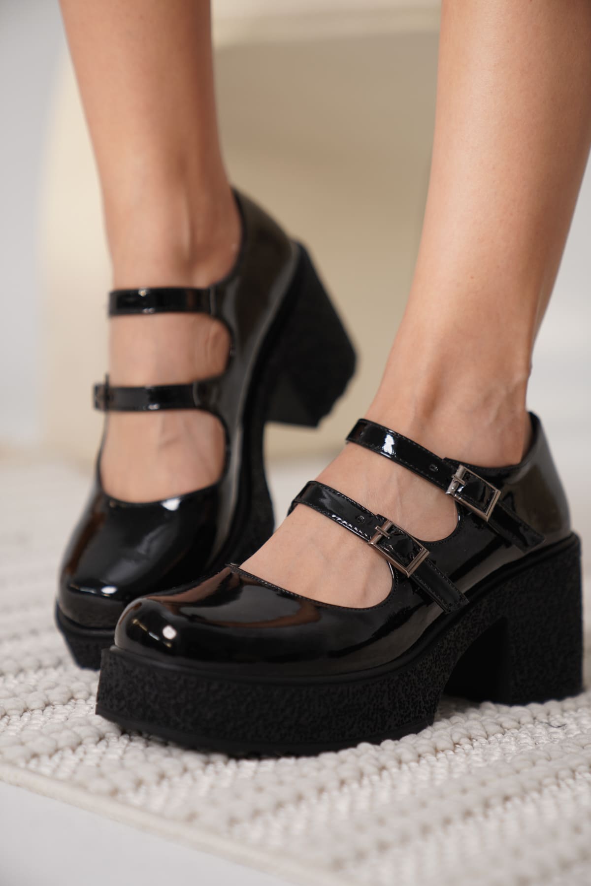 Jasmine Premium Siyah Rugan Çift Baretli Platform Topuklu Loafer Ayakkabı