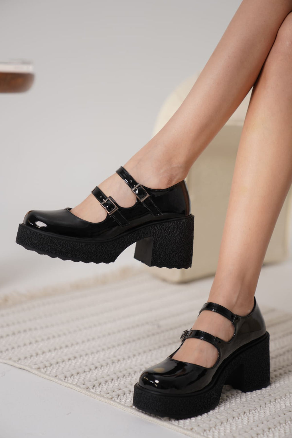 Jasmine Premium Siyah Rugan Çift Baretli Platform Topuklu Loafer Ayakkabı