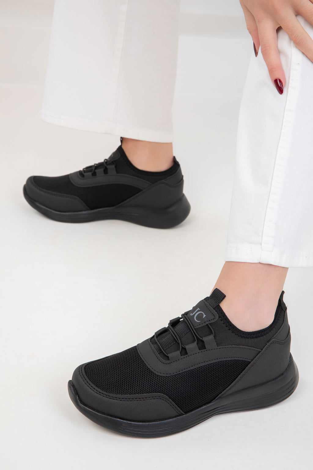 JC30005 - Bağcıksız Rahat Ortopedik Triko Günlük Kadın Sneaker Siyah