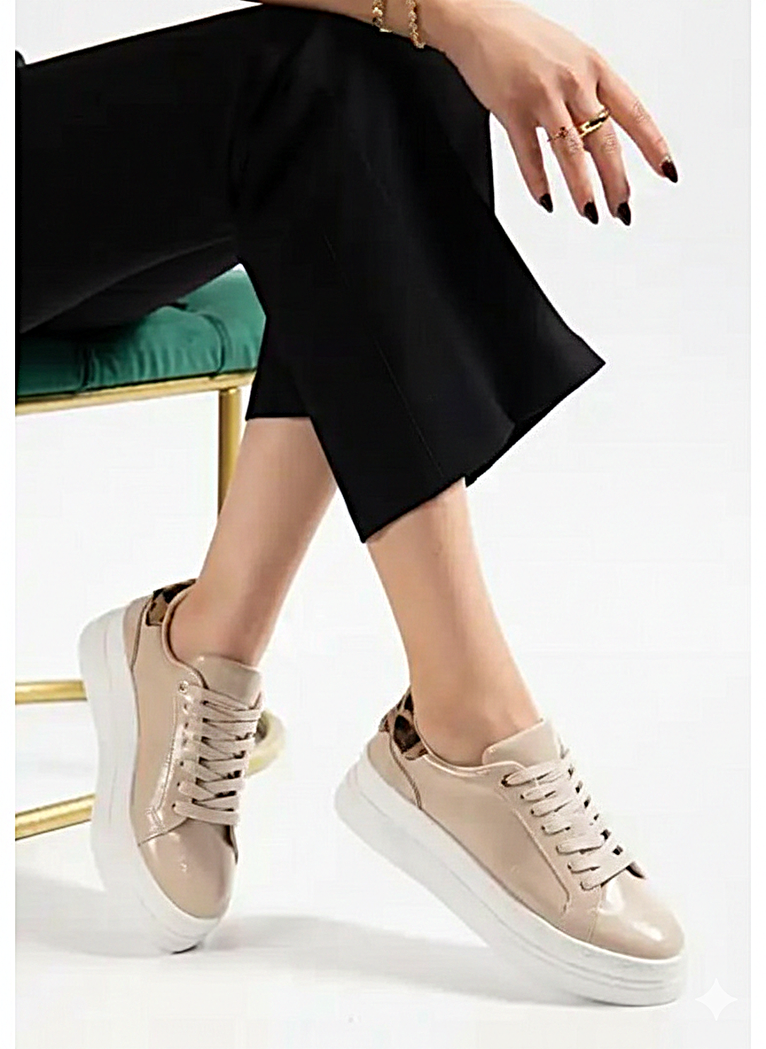 ZRNE-001 Premium Bej Rugan Bağcıklı Kadın Sneaker