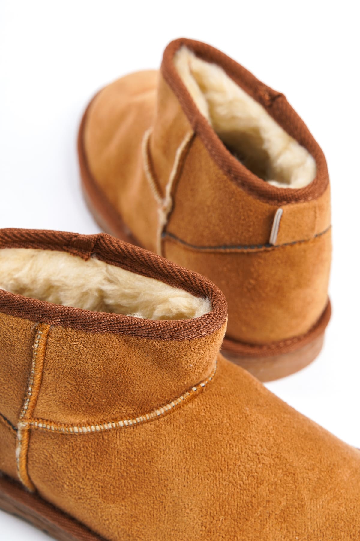 SEOUL Laceless Fur Lined Ug Model Short Suede Women's Boots - Tan