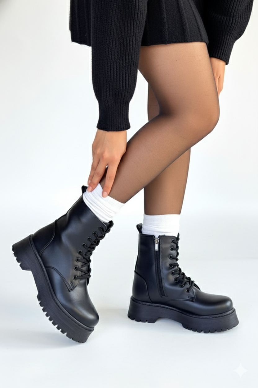 Jonni Premium Siyah Bağcıklı Postal Bot