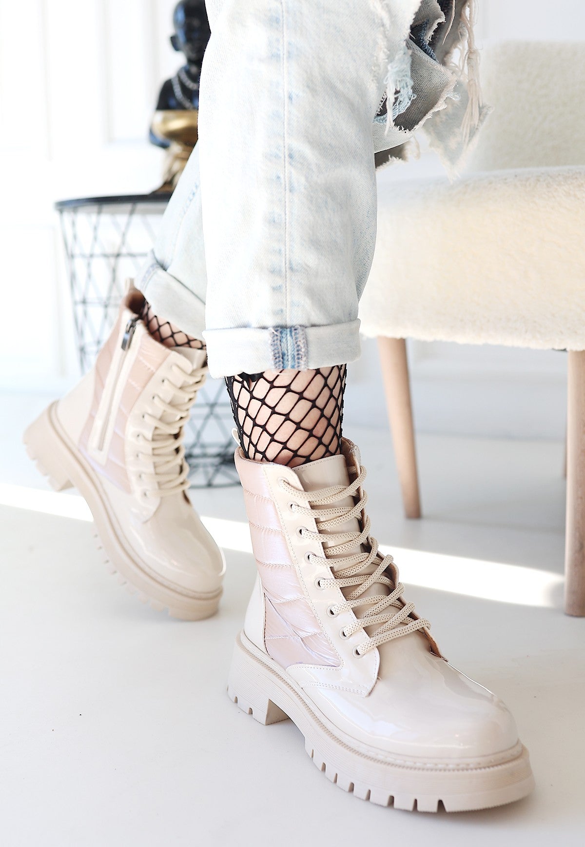 Josse Premium Special Beige Patent Leather Lace-Up Boots