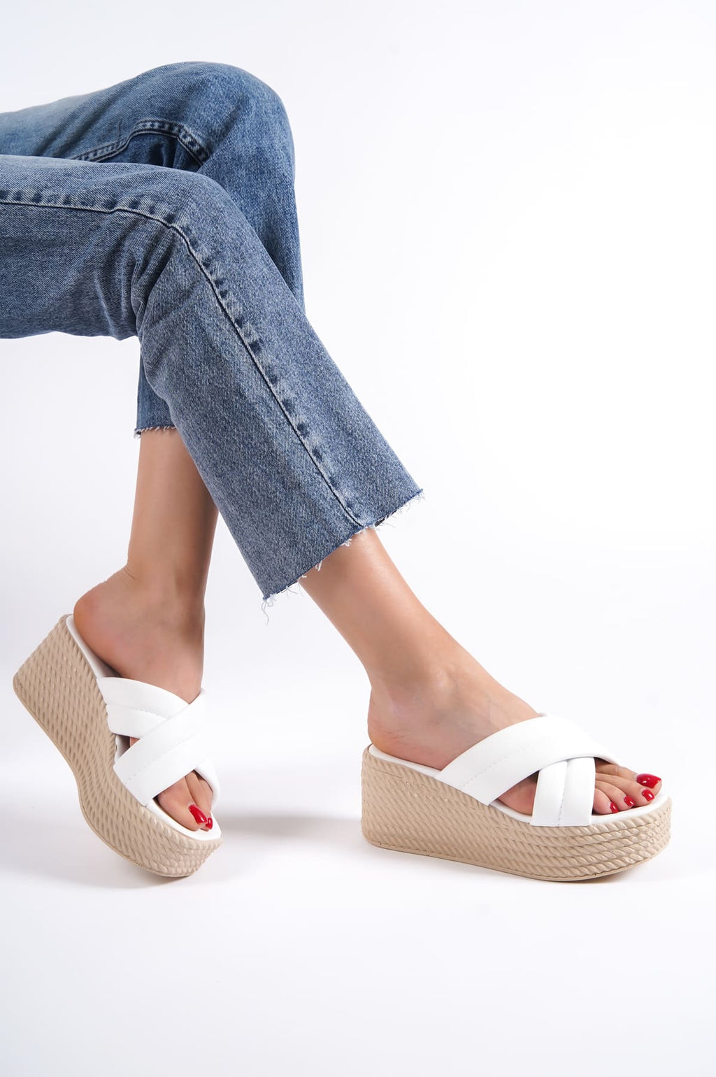 JOYMIXE Wedge Heeled Orthopedic Straw Women's Slippers - White
