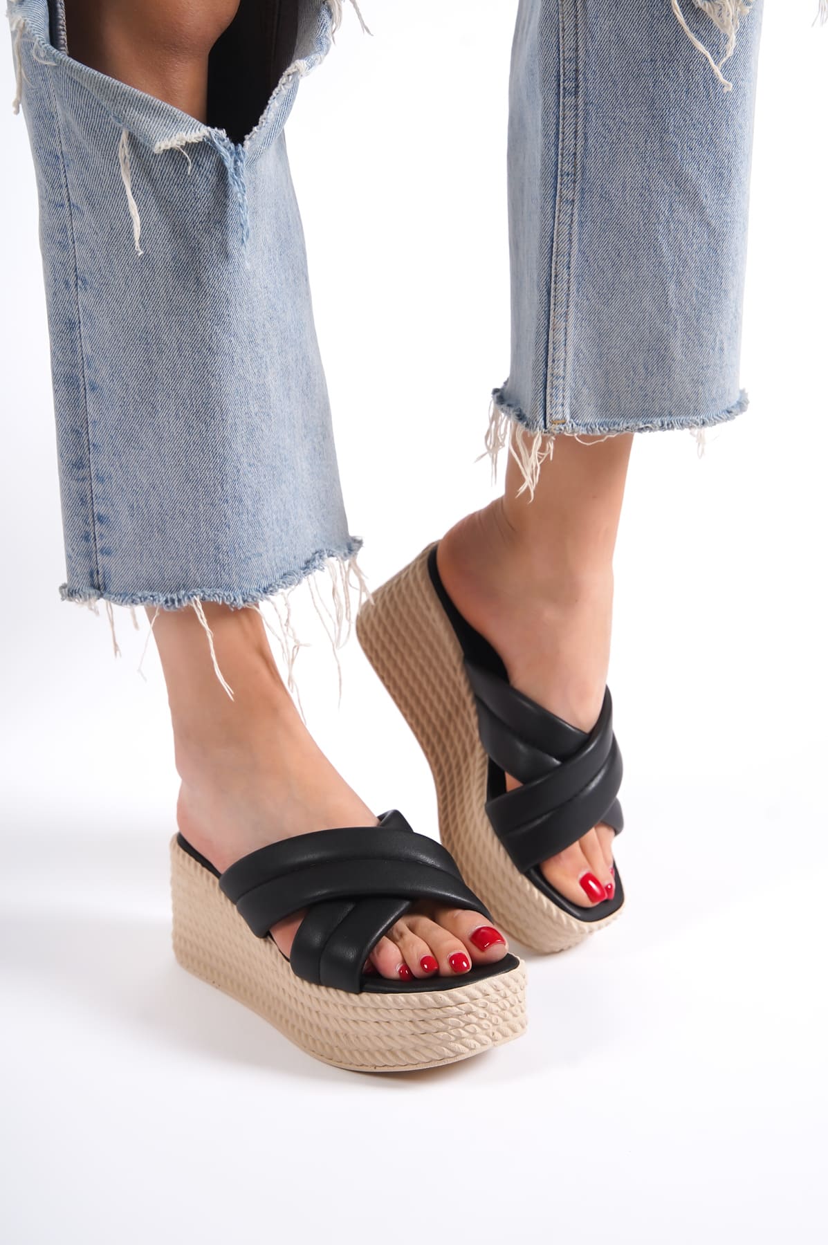 JOYMIXE Wedge Heeled Orthopedic Straw Women's Slippers - Black
